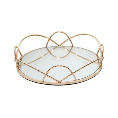 China Eco-friendly luxury high quality luxury round metal gold round edge floral perfume jewelry tray for sale for sale