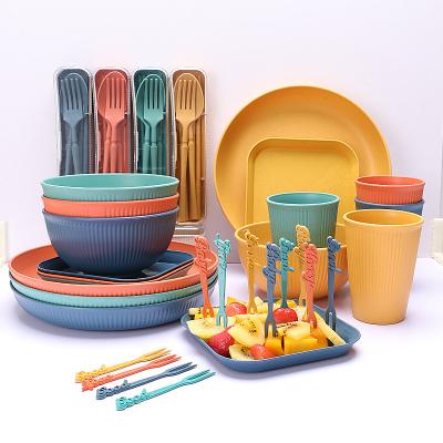 China Reusable Custom Made Wheat Straw Tableware Dinner Plate Bowl Bpa Free Biodegradable Eco Friendly Plastic Fork Dinnerware Set Viable for sale