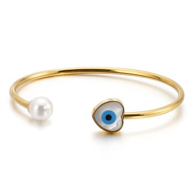 China 18K Gold Stainless Steel Hamsa Evil Eye Bangle Bracelet Evil Eye Religious Shell Bangle Pearl Heart Bangle High Quality Bracelet for sale