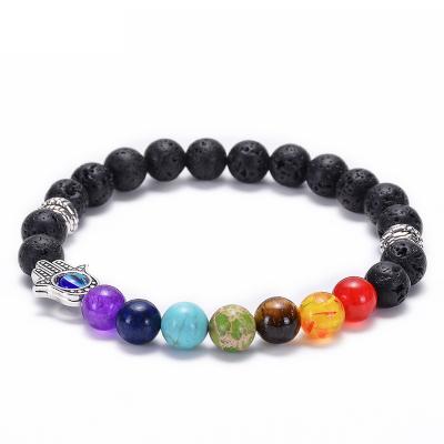 China Vintage Lava Stone Bracelet Seven Chakra Volcanic Beaded Evil Eye Fatima Palm Bracelet for sale