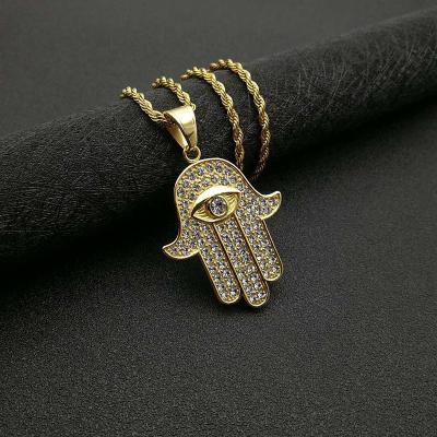 China Wholesale Gold Plated Stainless Steel Diamond Hand Of Fatima Pendant Necklace Myth Hiphop Hip Hop Jewelry for sale