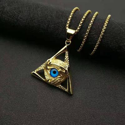 China Myth Men's Hip Hop Stainless Steel Necklace Triangle Skull Bone Blue Eye Titanium Steel Pendant for sale