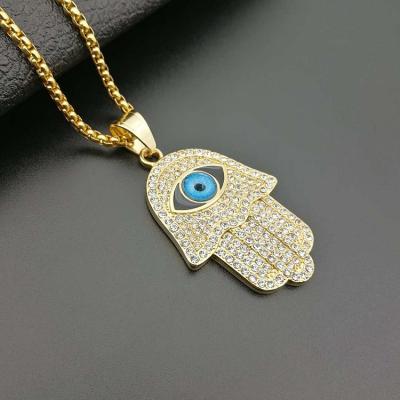 China New Titanium Diamond Hand Steel Gold Plated Fatima Myth Hip Hop Eye Jewelry Pendant Necklace for sale