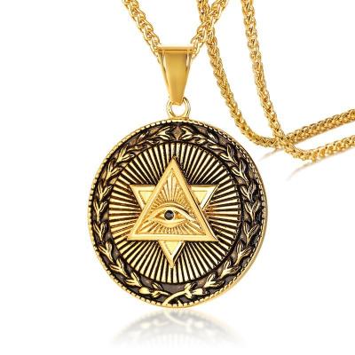 China Myth Vintage Jewelry Titanium Steel Gilded Illuminati Pendant Necklace Round Eye Pendant Gold for sale