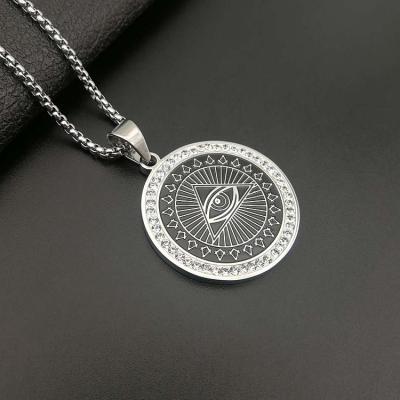 China Religious Titanium Steel HIPHOP Jewelry Vacuum Gold Plated Rhinestone Eye of God Pendant Necklace for sale