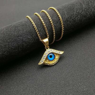 China Religious Jewelry Titanium Steel HIPHOP Gold Plated Diamonds Turkish Blue Eye Pendant Necklace for sale