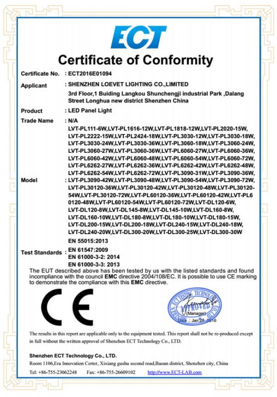 CE EMC Certificate For Loevet LED Panel Lights - SHENZHEN LOEVET CO.,LTD