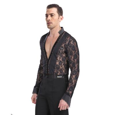 China from above & Pique Sexy Collar Mens Ballroom Shirt Mens Crystallized Lace V Dance Shirt for sale