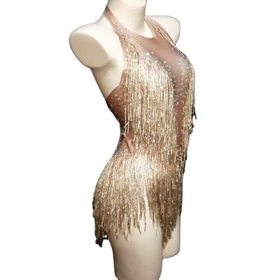 China from above & Sparkly Tees Rhinestone Fringe Jumpsuit Womens Nightclub Outfit Sparkle Beads Singer One Piece Dance Costume Dance Wear Stage Leotard for sale