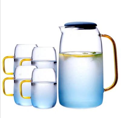 China Casual Colorful Borosilicate Cold Water Pitcher Glass Jar With Cup Set for sale