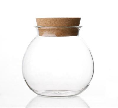 China Industrial Kitchenware Round Shape Glass Storage Jar Bottle Cork Lid For Condiment for sale