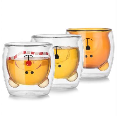 China Different Color Cartoon Cute Bear Design Double Wall Borosilicate Glass Coffee Mug High Quality Stocked Mug for sale