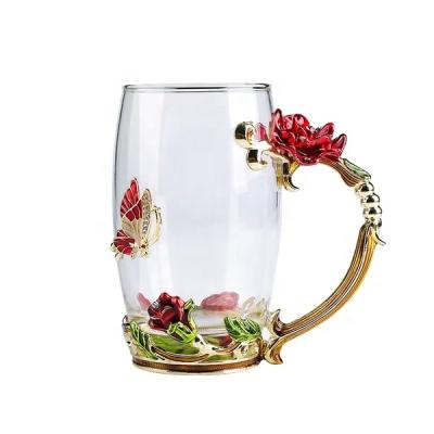 China Stocked High Quality Decorative Glass Coffee Mug Enamel Flower Glass Tea Cup Set for sale