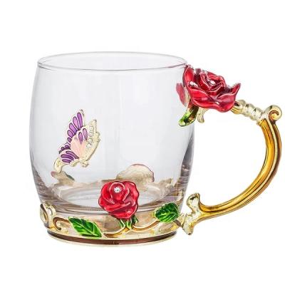 China Viable Wholesale Gift Mug Enamel Rose Tea Coffee Drink Water Glass Cup With Handle for sale