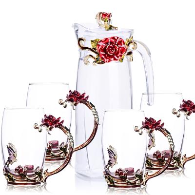 China Customized Stocked Butterfly And Flower Glass Mug With Enamel Decoration Glass Mug Set for sale