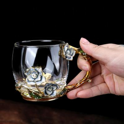 China New Stocked Design Peony Enamel Creative Europe Style Luxury Enamel Glass Mug With Lid And Spoon for sale