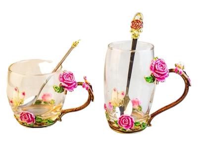 China New Design Gift Box Packed Stocked Rose Mounted Enamel Glass Mug Set With Spoon And Lid for sale