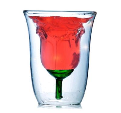 China Sustainable High Borosilicate Heat Resistant Flower Shaped Double Wall Rose Glass Cup for sale