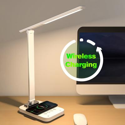 China Modern Dimmable Desk Table Bedside LED Study Night Light Lamp Mobile Cell Phone Charging Wireless Charger Led Desk Lamp for sale