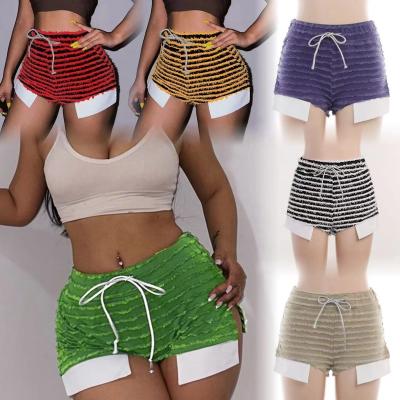 China 2023 New Arrivals DK YY22423 QUICK DRY New Design Side Split Fuzzy Pocket Waist Stripe High Booty Shorts Plus Size Women Short Pants for sale