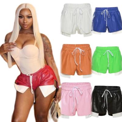 China Anti-wrinkle Summer DK Abbreviations Women Casual Bandage Elastic Waist Split Pocket Short Pants Women PU Lady PU Booty Leather Biker Shorts for sale