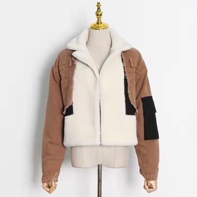 China 2022 new Anti-wrinkle W fleece and denim patchwork lamb lapel thick cotton coat for women for sale