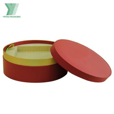 China Handmade Rigid Type Round Shoulder Box Printed Bond Paper Red Yellow Neck 2 Layers Gift Package With Flocking Plastic Tray For Moon Cake for sale