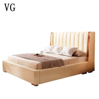 China New Soft Luxury Italian Style Fitted Gold Plating Bed Leather Bedroom Sets for sale