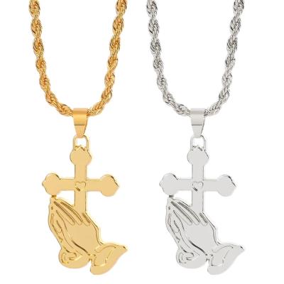 China 2020 Religious Cross Pray Hands Necklaces For Men's Gold Color Necklace Chain Jewelry Necklace Mujer Record Piety for sale