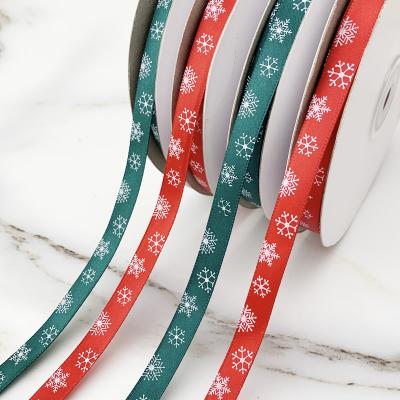 China High Tenacity (50yards/Roll) 10mm Red Green Printed Snowflake Satin Ribbon Christmas Gift Ribbons for sale