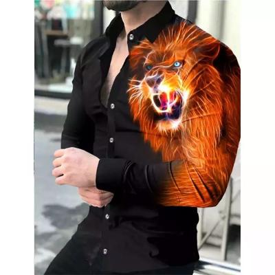 China New Fashion Anti-pilling Logo Lion Printed Men Shirts 2022 New Fashion Custom Made Long Sleeve Shirt Plus Size Single Button Turn Down Spring Mens Clothing for sale