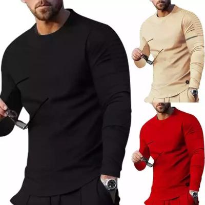 China Anti-Wrinkle Customized Men's Long Sleeve T-Shirt Autumn Solid Round Neck Shoulder Personality Pleated T-Shirt for sale