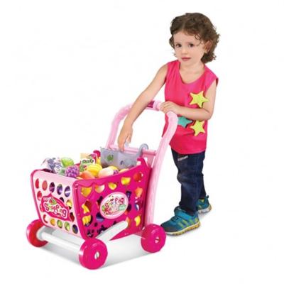 China Educational Indoor Play Pretend Play Food Kitchen Grocery Toys Trolley Supermarket Play Set Plastic Pink Shopping Cart with Wheels for sale