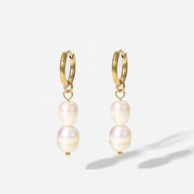 China Circle Style 18K Stainless Steel Geometric Freshwater Pearl Drop Earrings Gold Plated Baroque Environmental Friendly Pearl Earrings Women's for sale