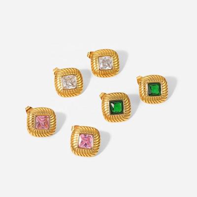 China Environmental Friendly 18K Gold Plated Square Button Colored Zircon Stud Earrings Stainless Steel Zircon Earrings Green White Pink Women for sale