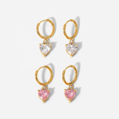 China Environmental Friendly New 18K Gold White Pink Heart Shape Stainless Steel Zircon Dangle Earrings For Women for sale