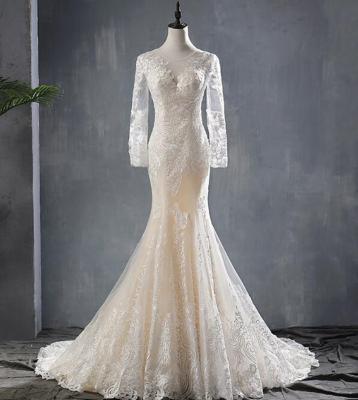 China 2020 New Designs Champagne O-Neck Long Sleeve Trumpet Vintage Lace Illusion Bridal Mermaid Wedding Dress Wholesale Anti-static Dress for sale