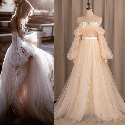 China Real Photos 1620T# Sweetheart Simple Fairy Applique Sweetheart Tulle Long Sleeve Princess Style Off Shoulder Wedding Dress for sale