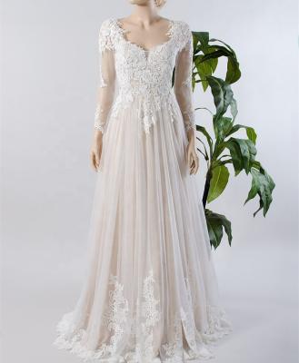 China 11166# Sheer Long Sleeve Lace Field Train V-Neck Sexy Anti-Static A Line Bohemian Wedding Dress Tulle Boho Beach Wedding Dress for sale