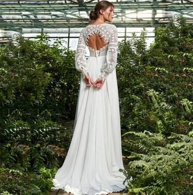 China 11173#Lace Backless Wedding Dress V Neck Long Sleeve Sweep Train Chiffon Bohemian Beach Bridal Anti-Static Boho Wedding Dress Bridal for sale