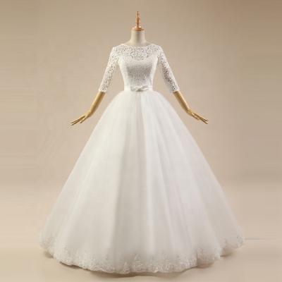 China 410# Long O-Neck 3/4 Sleeve Backless Corset Anti-Static Beading Lace Floor Length Ball Gown Wedding Dress Bride Dress for sale