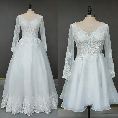 China 11250# Floor Length Anti-Static Two Piece Long Sleeve Appliqued Bride Dresses A Line Elegant Lace Backless Wedding Bridal Gowns 2021 for sale