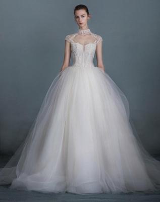 China 7701#Real Photo Luxury Bridal Gown Ball Gown Applique Lace Applique Cap Sleeve Wedding Dress Anti-Static Bridal Gown Wedding Dress for sale