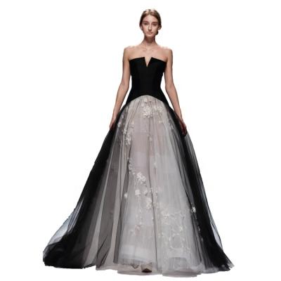 China Long #613 Strapless Anti-Static Black and White Strapless Appliques A Line Backless Formal Dress Ball Gown Prom Dress Party Dress for sale