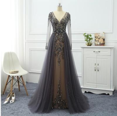 China Erosebridal Anti-Static Beaded Elegant Evening Dress Long 2019 Long Sleeve Formal Gowns Party Dresses For Women With Train for sale