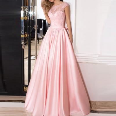 China 6817#A Floor Length Illusion Lace Anti-Static Satin Line Sleeveless Prom Dresses Evening Dress Prom Dresses Pink Teen Prom Dresses for sale