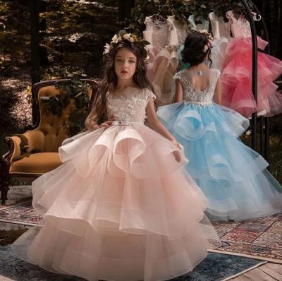 China Sustainable Pink Beaded Puffy Little Girls Lace Up Wedding Bridesmaids Dress for sale