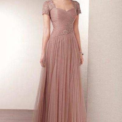 China Breathable Elegant Mother Of The Bride Dresses For Weddings Lace Up Short Sleeves Zipper Back Evening Prom Wear Long Tulle A Line Party Gowns for sale