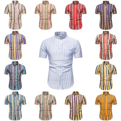 China Factory Wholesale Summer Casual Men's Short Sleeve Anti-Shrink Cotton Plaid Stripe Shirt Breathable 100% Short Sleeve Shirt for sale