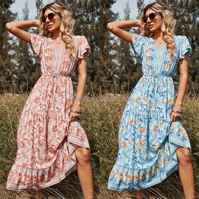 China Breathable Women's Maxi Dress Short Sleeve Casual Floral Print Plus Size Long Women Dress for sale